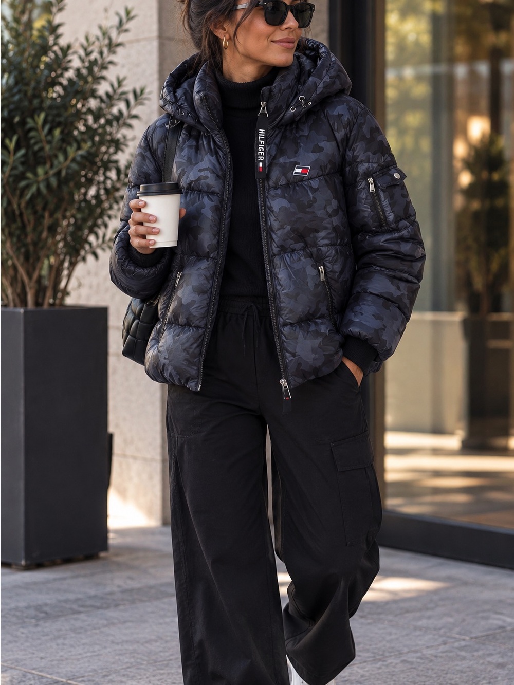Tommy Hilfiger Black Camo Hooded Quilted Puffer Jacket